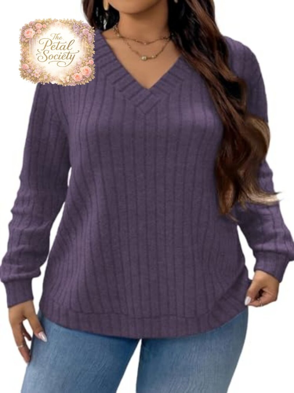 Plus Size V Neck Long Sleeve Tunic Top Lightweight Pullover Sweater